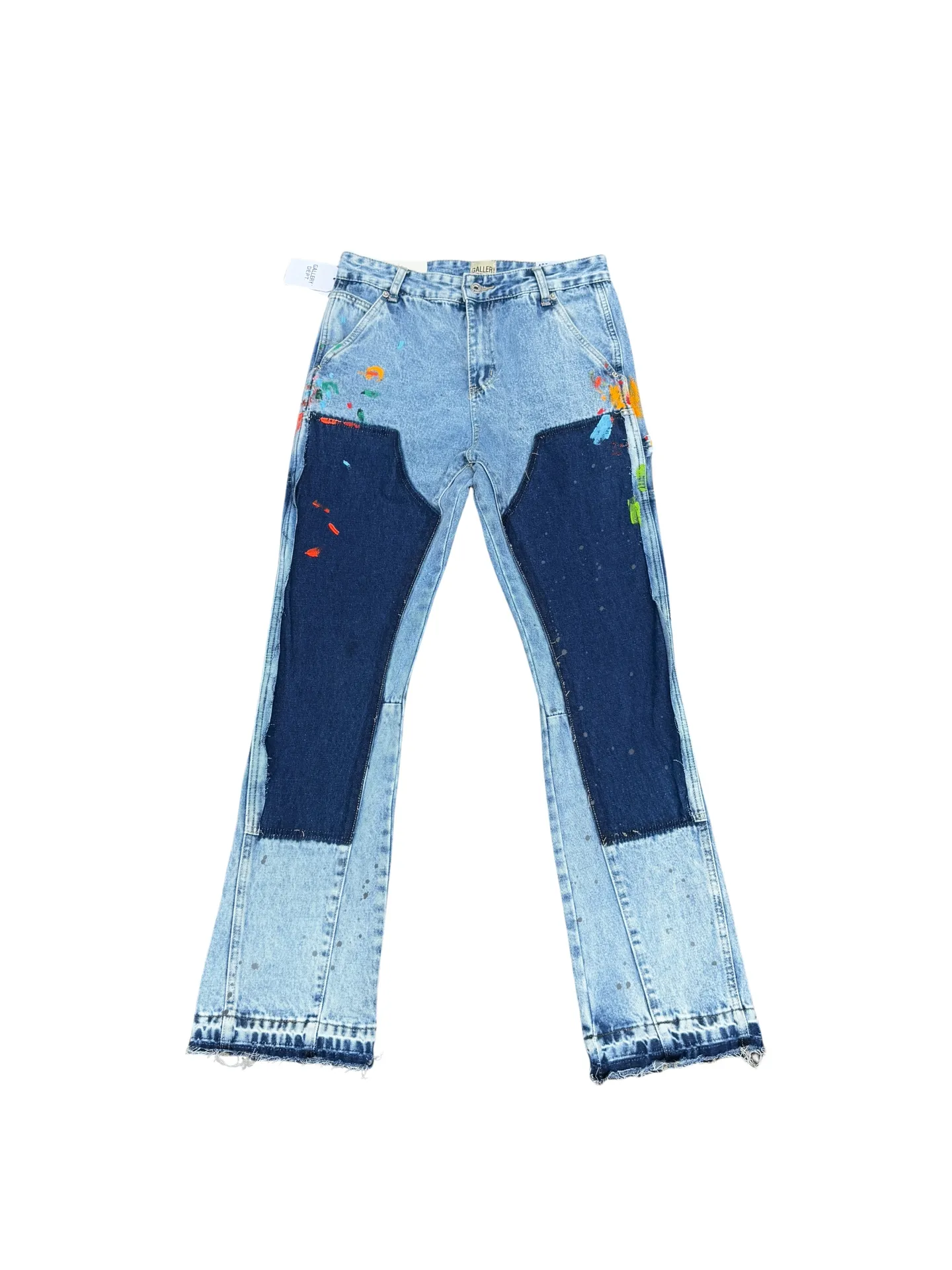 -Size upper body P250#G94 GALLERY DEPT. Spliced ​​patchwork splash-ink denim bell-bottoms, washed and distressed spliced ​​jeans. During the process, the owner of the denim washing plant helped introduce a boss who once worked at Levi's foundry and then started his own business. This also paved the way for the following styles. Therefore, Levi's remodeled single product for the base plate is really familiar. Whether it is the fabrics supplied or the lathes used in production, there is nothing to choose from. -Color: Blue -Size: S-XXL (corresponding to 28-36)